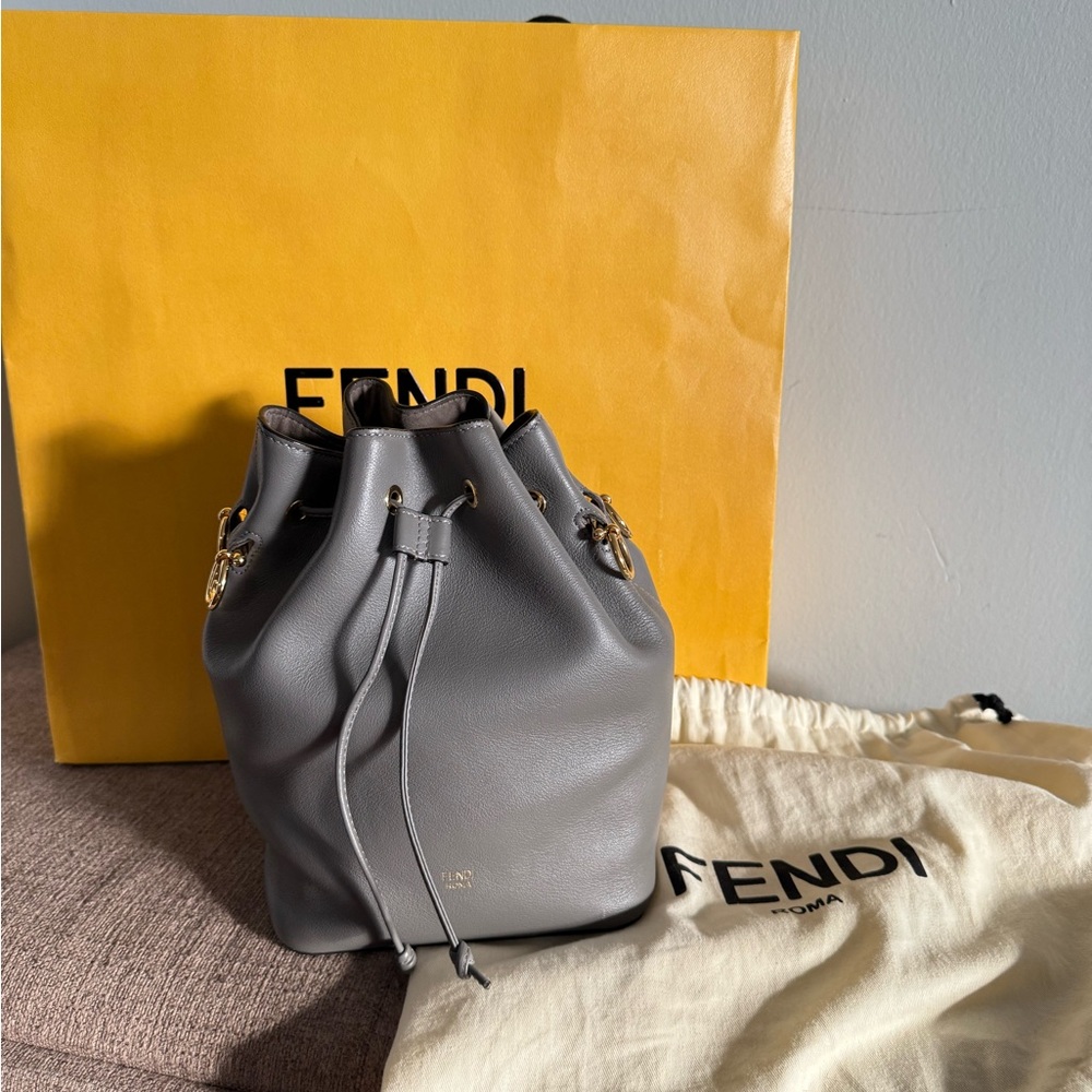 Fendi MON TRESOR Gray Pebbled Leather Drawstring Bucket Bag